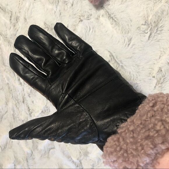 𝅺surell black leather and faux fur trim gloves size L - Picture 5 of 5